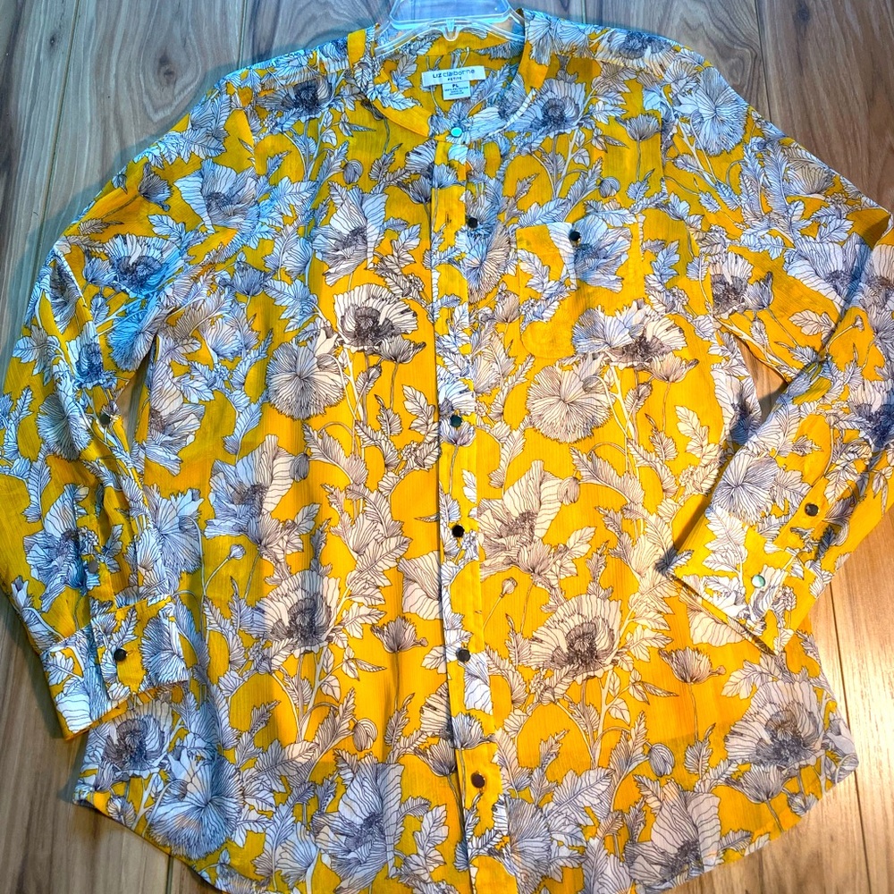 LIZ CLAIBORNE- Petite Yellow Flowy floral Blouse